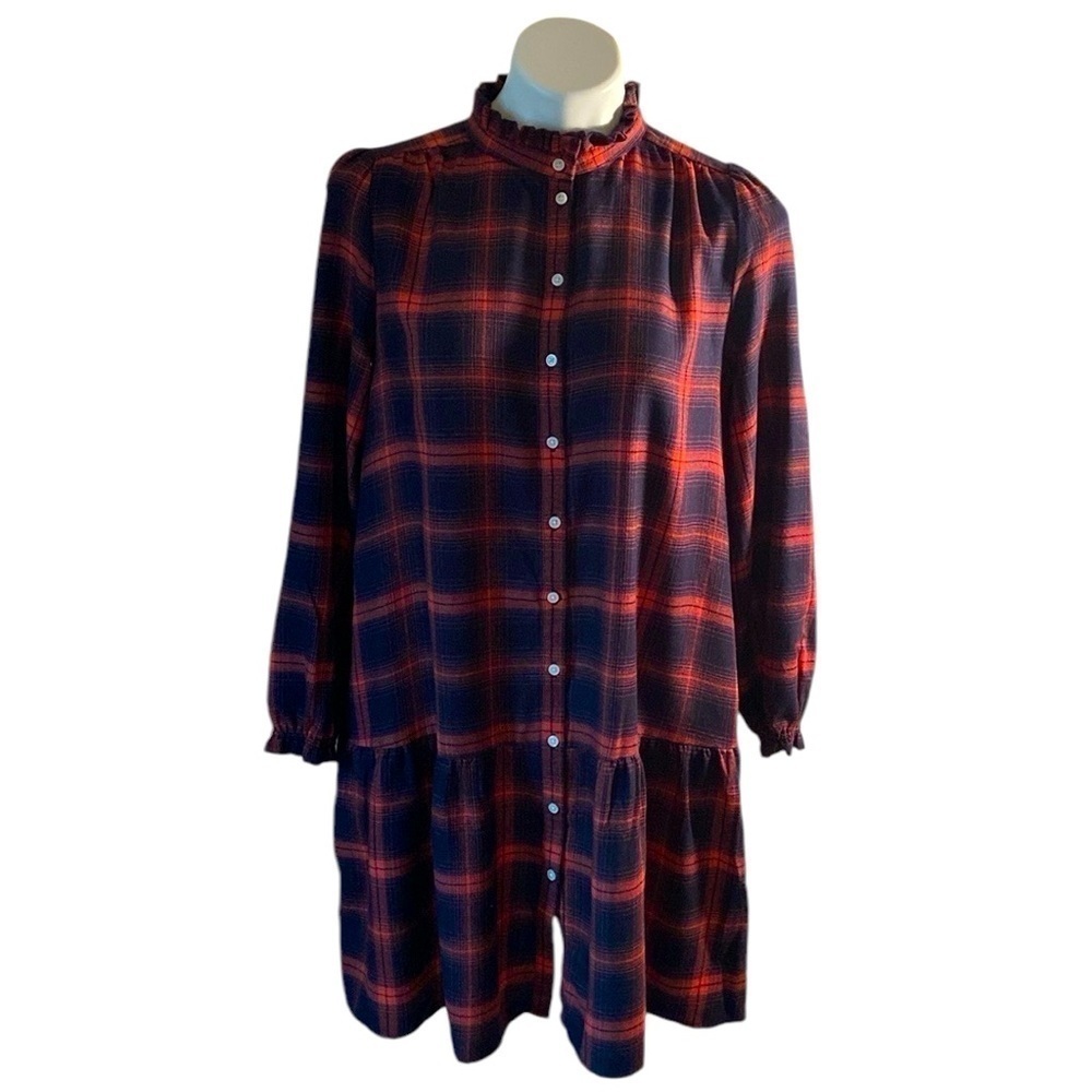 LOFT Orange And Black Plaid Long Sleeve Yoke Dress Farmhouse Dark Cottagecore